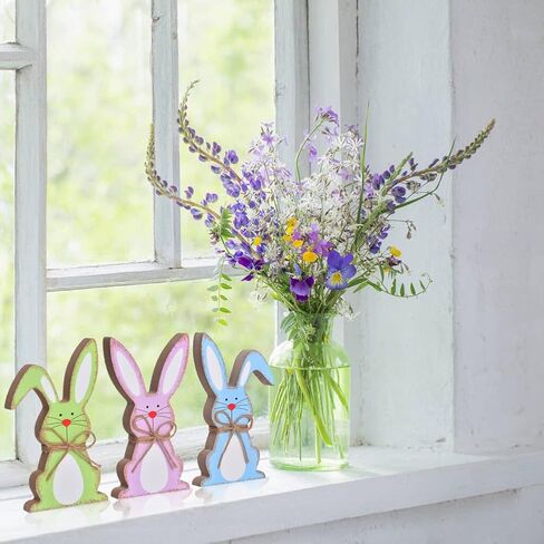 زينة عيد الفصح للمنزل، 3 قطع ديكور طاولة أرنب عيد الفصح، علامات خشبية طبيعية لعيد الفصح، سطح طاولة ريفي لديكور عيد الفصح لديكور صينية متدرجة وهدايا عيد الفصح (3 ألوان) in Kuwait