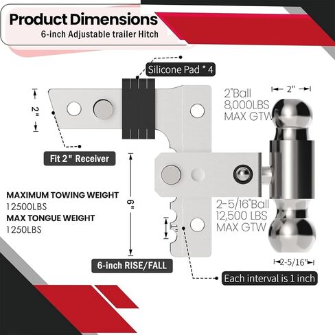 Adjustable Trailer Hitch-6 Inch Drop/Rise (Fits 2-Inch Receiver),Heavy Duty Aluminum Tow Hitches(2"&2-5/16"Ball),Trailer Max 12500LBS,Dual-Position Locking Pin(US patents,No.US012304258B1) in Kuwait