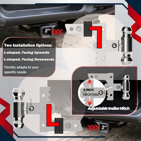 Adjustable Trailer Hitch-6 Inch Drop/Rise (Fits 2-Inch Receiver),Heavy Duty Aluminum Tow Hitches(2"&2-5/16"Ball),Trailer Max 12500LBS,Dual-Position Locking Pin(US patents,No.US012304258B1) in Kuwait