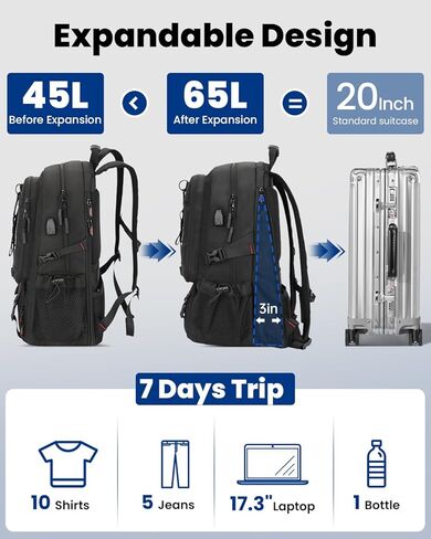 SWICKY 60L Large Expandable Travel Backpack with Shoe Compartment, Laptop Compartment, USB Port, Water Resistant, Unisex Backpack for Travel & Hiking (Black) in Saudi Arabia