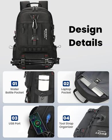 SWICKY 60L Large Expandable Travel Backpack with Shoe Compartment, Laptop Compartment, USB Port, Water Resistant, Unisex Backpack for Travel & Hiking (Black) in Saudi Arabia