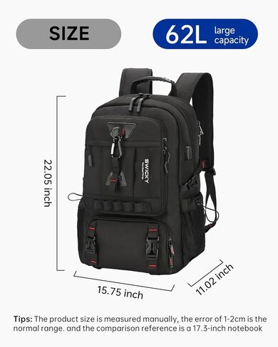 SWICKY 60L Large Expandable Travel Backpack with Shoe Compartment, Laptop Compartment, USB Port, Water Resistant, Unisex Backpack for Travel & Hiking (Black) in Saudi Arabia