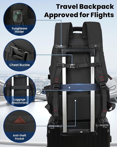 SWICKY 60L Large Expandable Travel Backpack with Shoe Compartment, Laptop Compartment, USB Port, Water Resistant, Unisex Backpack for Travel & Hiking (Black) in Saudi Arabia