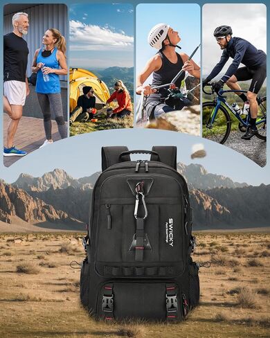 SWICKY 60L Large Expandable Travel Backpack with Shoe Compartment, Laptop Compartment, USB Port, Water Resistant, Unisex Backpack for Travel & Hiking (Black) in Saudi Arabia