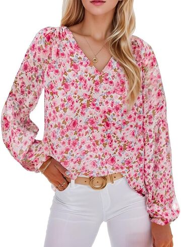 Women's Floral V-Neck Blouse – Long Balloon Sleeve Boho Casual Top in Kuwait