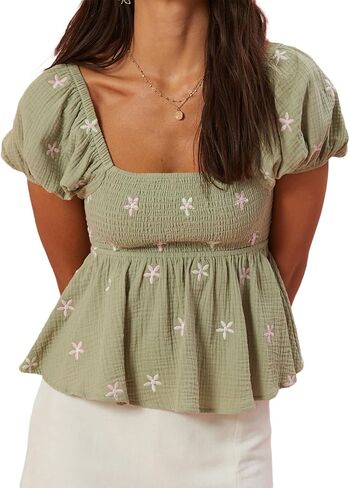 المرأة الأزهار المطرزة ساحة الرقبة أعلى فانوس قصيرة الأكمام بيبي دول أعلى فضفاضة تناسب الكشكشة فلوي بلوزة قمم in Kuwait