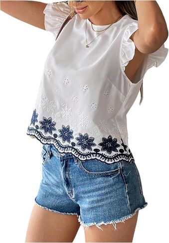 GORGLITTER Women's Boho Ruffle Short Sleeve Blouse Top Dressy Casual Summer Floral Embroidered Eyelet Shirt Trendy 2025 in Saudi Arabia