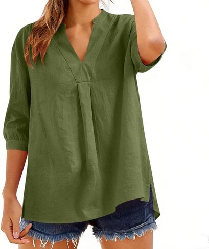 Womens 3/4 Sleeve Linen Tops Casual Loose Fit V Neck Cotton Gauze Shirts Side Split Flowy Vacation Blouse in Saudi Arabia