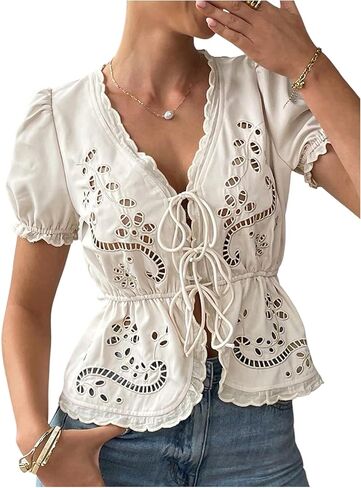 MakeMeChic Women's Boho Vacation Eyelet Embroidery Blouse Puff Sleeve Tie V Neck Shirt Tops in Saudi Arabia