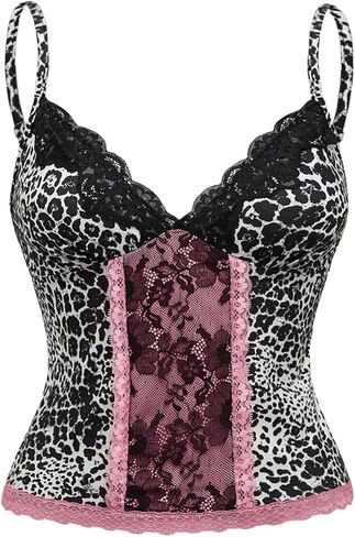 المرأة حجم كبير الدانتيل ليوبارد Y2K بروتيل القمم الخامس الرقبة السباغيتي حزام القوطي المنخفضة قطع الأعلى in Kuwait