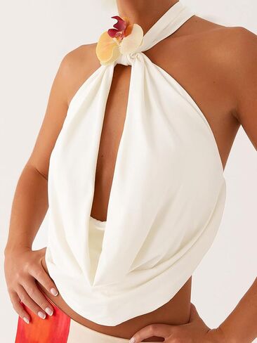 UAURORAO Women 3D Flower Halter Top Cowl Neck Ruched Tank Tops Draped Front Tie Up Backless Crop Top Going Out Camisole in Saudi Arabia