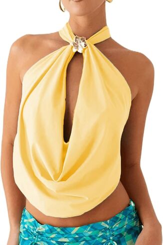 UAURORAO Women 3D Flower Halter Top Cowl Neck Ruched Tank Tops Draped Front Tie Up Backless Crop Top Going Out Camisole in Kuwait