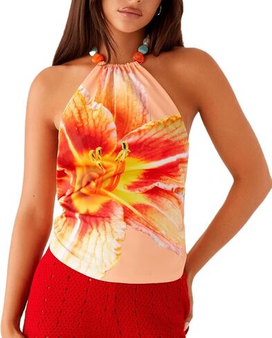 UAURORAO Women 3D Flower Halter Top Cowl Neck Ruched Tank Tops Draped Front Tie Up Backless Crop Top Going Out Camisole in Saudi Arabia