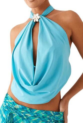 UAURORAO Women 3D Flower Halter Top Cowl Neck Ruched Tank Tops Draped Front Tie Up Backless Crop Top Going Out Camisole in Saudi Arabia