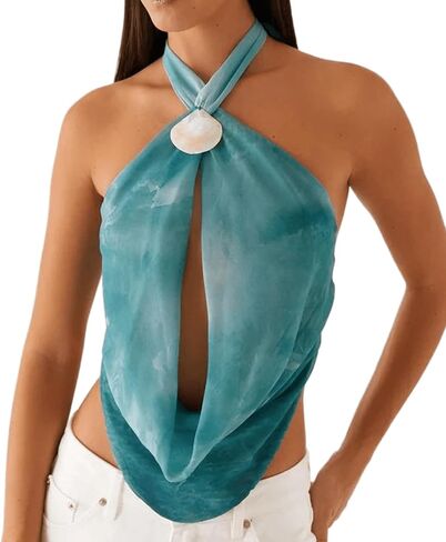 UAURORAO Women 3D Flower Halter Top Cowl Neck Ruched Tank Tops Draped Front Tie Up Backless Crop Top Going Out Camisole in Saudi Arabia