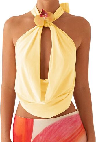 UAURORAO Women 3D Flower Halter Top Cowl Neck Ruched Tank Tops Draped Front Tie Up Backless Crop Top Going Out Camisole in Saudi Arabia