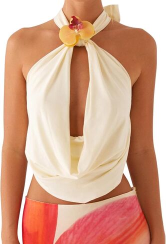 UAURORAO Women 3D Flower Halter Top Cowl Neck Ruched Tank Tops Draped Front Tie Up Backless Crop Top Going Out Camisole in Saudi Arabia