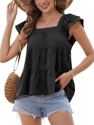Women's Square Neck Ruffle Sleeve Babydoll Blouses Summer Casual Peplum Tank Top Cute in Saudi Arabia