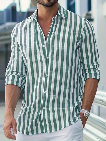 Men's Casual Striped Button Down Shirts Stylish Color Block Dress Shirt Long Sleeve Beach Vacation Tops in Saudi Arabia