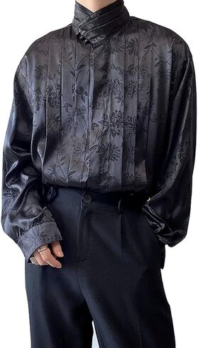 Men Satin Jacquard High-Collar Pleated Front Blouse with Floral Pattern in Kuwait