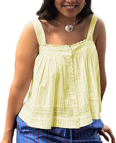 Women Boho Lace Trim Ruffle Tank Top Y2k Tie Front Cami Shirt Flowy Button Down Sleeveless Tank Crop Top in Kuwait