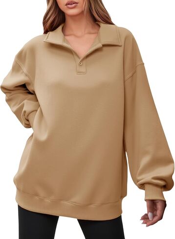 Fisoew Women’s Collared V Neck Sweatshirt Casual Oversized Long Sleeve Fashion Pullover Tops in Saudi Arabia