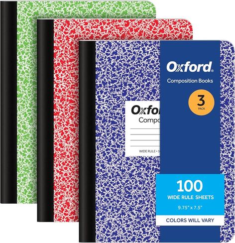 دفاتر ملاحظات تكوين أكسفورد، مجلات مدرسية مقاس 9-3/4 × 7-1/2 بوصة، ورق مسطر عريض، أغطية رخامية ذات لون أساسي، 100 ورقة لكل كتاب، 3 عبوات (1002517) in Kuwait