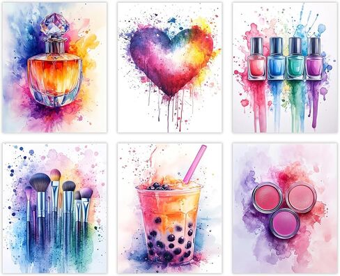 PAINURA Tween Girl جدار الفن ماكياج غرفة الديكور الملونة فتاة في سن المراهقة الملصقات الوردي والأرجواني قماش صور الجمال للفتيات غرفة جدار ديكور للفتيات في سن المراهقة غرفة نوم مجموعة من 6 غير مؤطرة 8x10 بوصة in Kuwait