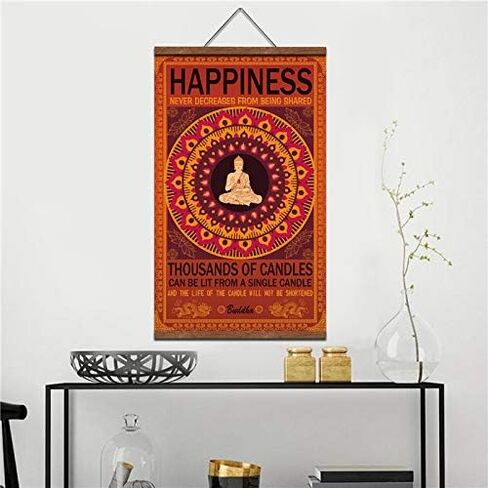 WEROUTE Buddha Wall Art Zen Decor Printed on Canvas with Scroll Wood Frame Hanger Poster Happiness Quote Motivational Home Decor Hanging Painting 15.7 x 27 inch in Kuwait