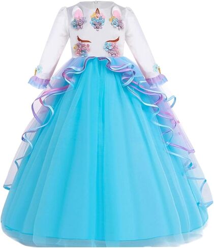 Girls Unicorn Costume Long Sleeve Dress Princess Birthday Pageant Wedding Halloween Christmas Party Long Tulle Gown in Kuwait