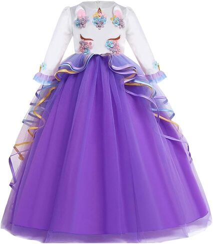 Girls Unicorn Costume Long Sleeve Dress Princess Birthday Pageant Wedding Halloween Christmas Party Long Tulle Gown in Saudi Arabia