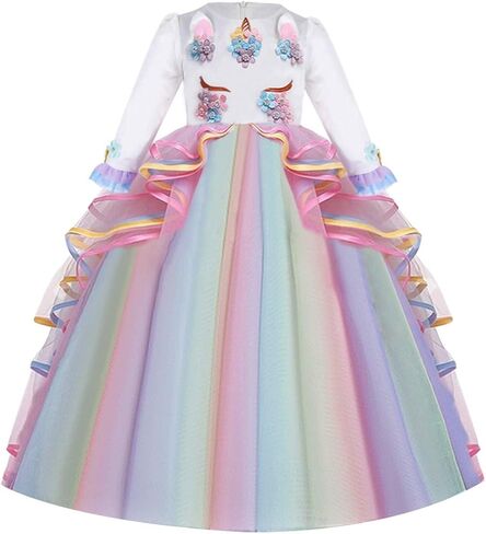 Girls Unicorn Costume Long Sleeve Dress Princess Birthday Pageant Wedding Halloween Christmas Party Long Tulle Gown in Saudi Arabia