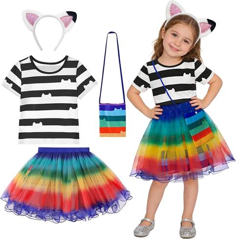 فستان توتو للفتيات بألوان قوس قزح للأطفال زي قطة لعيد الميلاد مع عصابة رأس وحقيبة لحفلات عيد الميلاد من 3 إلى 8 سنوات in Kuwait
