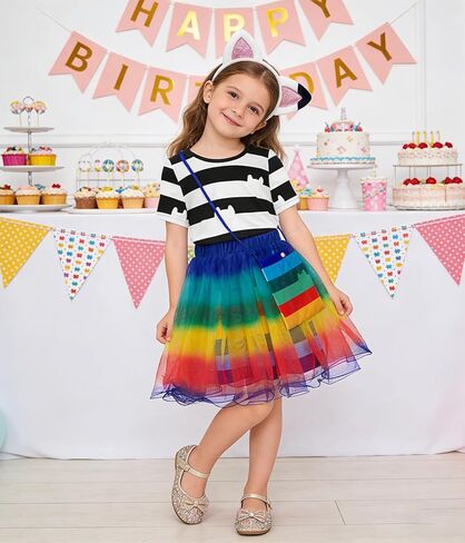 فستان توتو للفتيات بألوان قوس قزح للأطفال زي قطة لعيد الميلاد مع عصابة رأس وحقيبة لحفلات عيد الميلاد من 3 إلى 8 سنوات in Kuwait