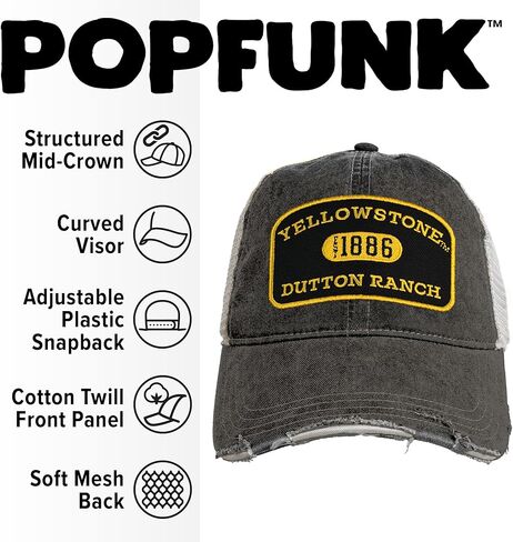 قبعة Popfunk الرسمية لسائقي الشاحنات من Yellowstone Pill Arc قابلة للتعديل من القطن التويل - للجنسين للرجال والنساء، أسود in Kuwait