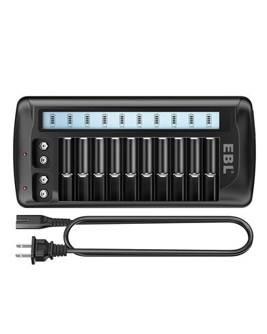 EBL 12-Bay LCD Battery Charger for AA, AAA and 9V Rechargeable Batteries | Multi-Battery Charging Station with 10 Standard AA AAA Slots and 2 9V Slots in Kuwait