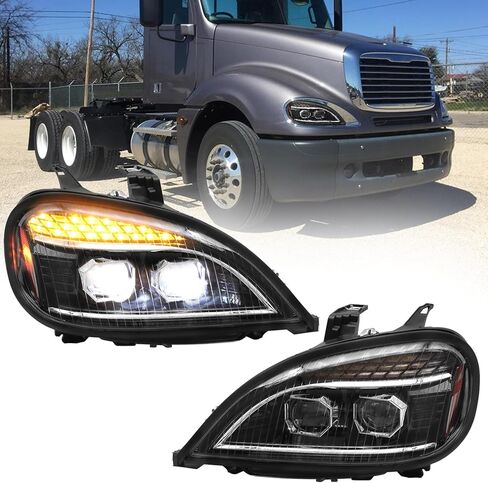 LED Headlights Assembly fit For 2004-2017 Freightliner Columbia, Chrome Housing And Amber Reflector Headlamps (Black) in Kuwait