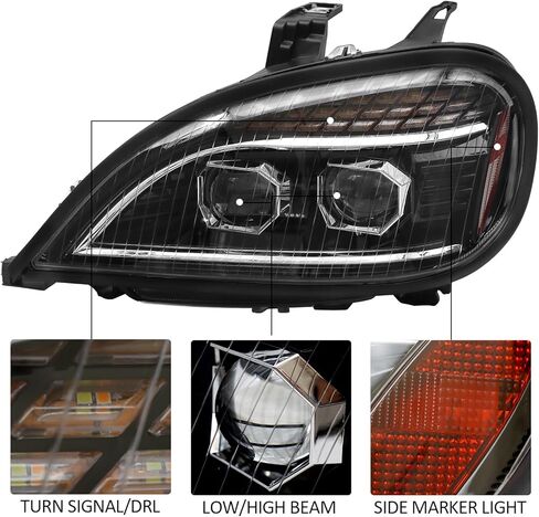 LED Headlights Assembly fit For 2004-2017 Freightliner Columbia, Chrome Housing And Amber Reflector Headlamps (Black) in Kuwait