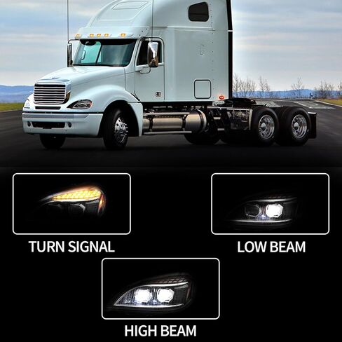 LED Headlights Assembly fit For 2004-2017 Freightliner Columbia, Chrome Housing And Amber Reflector Headlamps (Black) in Kuwait