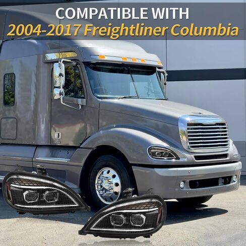 LED Headlights Assembly fit For 2004-2017 Freightliner Columbia, Chrome Housing And Amber Reflector Headlamps (Black) in Kuwait