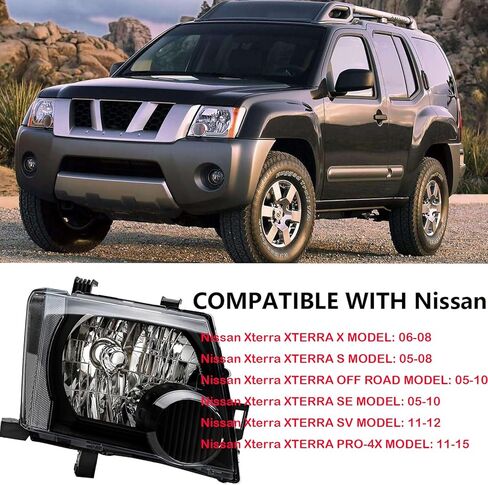 Headlights Assembly Fit For 2005 2006 2007 2008 2009 2010 2011 2012 2013 2014 2015 Nissan Xterra Black Housing Clear Lens Halogen Headlamp Driver & Passnger Side Replace NI2502161 26010EA025 in Kuwait
