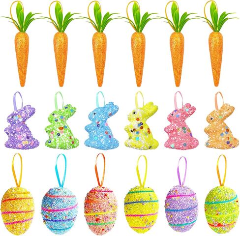 18 حزمة من زخارف بيض عيد الفصح والجزر المعلقة والحلي الملونة المصنوعة من الإسفنج على شكل أرنب البيض والجزر والحلي اللامعة الاصطناعية لتزيين شجرة عيد الفصح وحفلات الربيع والحرف اليدوية اليدوية in Kuwait