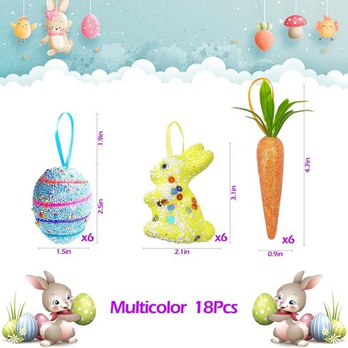 18 حزمة من زخارف بيض عيد الفصح والجزر المعلقة والحلي الملونة المصنوعة من الإسفنج على شكل أرنب البيض والجزر والحلي اللامعة الاصطناعية لتزيين شجرة عيد الفصح وحفلات الربيع والحرف اليدوية اليدوية in Kuwait