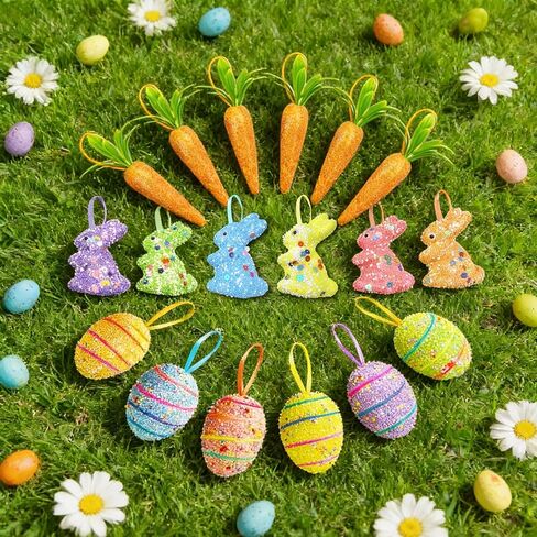 18 حزمة من زخارف بيض عيد الفصح والجزر المعلقة والحلي الملونة المصنوعة من الإسفنج على شكل أرنب البيض والجزر والحلي اللامعة الاصطناعية لتزيين شجرة عيد الفصح وحفلات الربيع والحرف اليدوية اليدوية in Kuwait