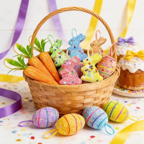 18 حزمة من زخارف بيض عيد الفصح والجزر المعلقة والحلي الملونة المصنوعة من الإسفنج على شكل أرنب البيض والجزر والحلي اللامعة الاصطناعية لتزيين شجرة عيد الفصح وحفلات الربيع والحرف اليدوية اليدوية in Kuwait