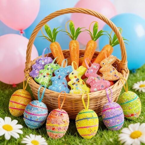 18 حزمة من زخارف بيض عيد الفصح والجزر المعلقة والحلي الملونة المصنوعة من الإسفنج على شكل أرنب البيض والجزر والحلي اللامعة الاصطناعية لتزيين شجرة عيد الفصح وحفلات الربيع والحرف اليدوية اليدوية in Kuwait