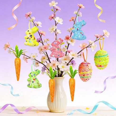 18 حزمة من زخارف بيض عيد الفصح والجزر المعلقة والحلي الملونة المصنوعة من الإسفنج على شكل أرنب البيض والجزر والحلي اللامعة الاصطناعية لتزيين شجرة عيد الفصح وحفلات الربيع والحرف اليدوية اليدوية in Kuwait