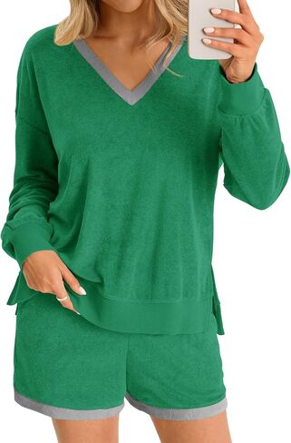 Tankaneo Womens V Neck 2 Piece Pajama Short Sets Color Block Loose Fit Long Sleeve Shirt and High Waisted Shorts Lounge Sets in Saudi Arabia