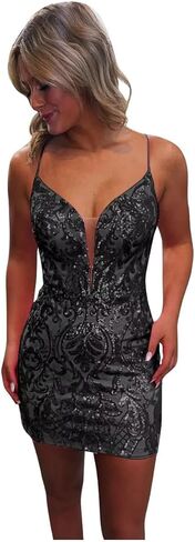 Sequin Lace Tight Homecoming Dresses for Teens Sparkly Spaghetti Straps V Neck Short Prom Dress Mini Cocktail Gown in Kuwait