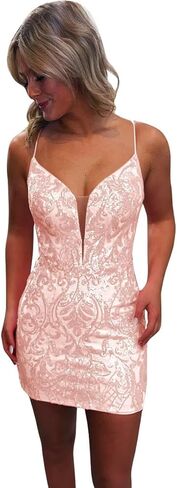 Sequin Lace Tight Homecoming Dresses for Teens Sparkly Spaghetti Straps V Neck Short Prom Dress Mini Cocktail Gown in Saudi Arabia